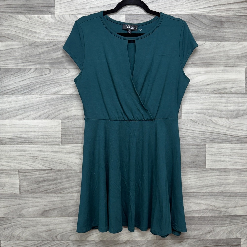Lulus Skater Mini Dress Women XL Green Cap Sleeve Surplice Keyhole Neck Pullover